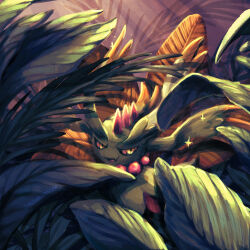  alt_text commentary english_commentary fang fern flutter_mane friedunicornstudio highres no_humans open_mouth pokemon pokemon_(creature) pokemon_focus skin_fang smile solo 