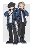  2boys belt belt_buckle black_footwear black_hair black_pants blue_jacket brown_eyes brown_hair buckle cowlick full_body grey_background hand_in_pocket hand_on_headphones hand_up headphones headphones_around_neck highres holding holding_headphones holstered jacket koarai_noboru light_brown_hair locked_arms long_sleeves looking_at_viewer multiple_boys nana_0253 okudera_tsuneyuki open_clothes open_jacket open_mouth outside_border pants pants_tucked_in pocket sheath sheathed shirt shoes short_hair standing sword t-shirt unzipped violet_eyes weapon white_shirt world_trigger 