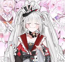  6+girls alternate_form argyle_clothes bare_shoulders belt bishie_sparkle black_belt black_bow black_bowtie black_choker black_hairband black_shirt blue_bow blue_bowtie blunt_bangs blush bow bowtie braid card carrot_011 chain choker closed_eyes closed_mouth clothing_cutout collarbone columbina_(genshin_impact) commentary_request company_connection crossed_bangs crossover diamond_(shape) diamond_facial_mark dress dual_persona earrings embarrassed empty_eyes evernight_(honkai:_star_rail) facial_mark fingernails firefly_(honkai:_star_rail) genshin_impact gold_chain graphia_academy_school_uniform hairband half-closed_eyes hand_up hat hat_bow hat_ornament hat_with_ears heart heart_facial_mark herta_(honkai:_star_rail) highres hime_cut honkai:_star_rail honkai_(series) index_finger_raised jacket jewelry kiss lapels lips long_fingernails long_hair long_sleeves looking_at_another looking_at_viewer march_7th_(honkai:_star_rail) mihoyo mini_hat monocle multicolored_hair multiple_girls neckerchief open_mouth orange_neckerchief pink_hair playing_card rabbit_ear_hat rabbit_ornament red_eyes red_hair red_shirt sailor_collar sandrone_(genshin_impact) school_uniform selfcest shirt short_hair shoulder_cutout shy sidelocks silver_wolf_(honkai:_star_rail) single_braid single_earring sitting smile solo_focus sparkle_(honkai:_star_rail) sparkle_background sparxie_(honkai:_star_rail) standing streaked_hair sweat teeth the_herta_(honkai:_star_rail) twintails two-tone_shirt upper_body white_bow white_dress white_hair white_jacket wide_sleeves yuri 