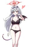  1girl absurdres black_wings blue_archive demon_girl demon_tail demon_wings eyewear_on_head grey_hair halo haruna_(blue_archive) highres red_eyes simple_background solo sunglasses swimsuit tail thighs white_background wings yukki_bunny 