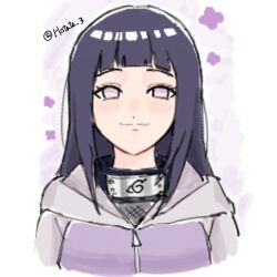  1girl blunt_bangs commentary_request highres hood hoodie hotata_3 hyuuga_hinata konohagakure_symbol looking_at_viewer naruto_(series) purple_hair purple_hoodie smile solo twitter_username violet_eyes 