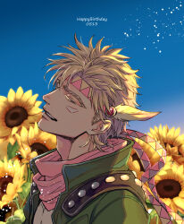  1boy battle_tendency blonde_hair caesar_anthonio_zeppeli closed_eyes commentary_request egg_(cknlun) facial_mark feather_hair_ornament feathers flower green_jacket hair_ornament happy_birthday highres jacket jojo_no_kimyou_na_bouken male_focus pink_scarf scarf sky smile solo sunflower triangle_print 