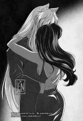  1boy 1girl animal_ears back blunt_bangs dog_ears dress fingernails greyscale highres higurashi_kagome hug inuyasha inuyasha_(character) lennys long_fingernails long_hair monochrome patreon_username suit watermark 