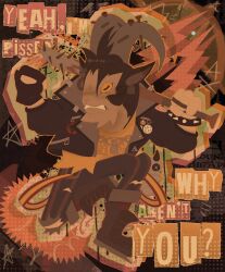  1boy animal_ears animal_head baseball_bat billy_(deadlock) chain chain_necklace deadlock_(game) goat_boy goat_ears goat_horns highres horns jewelry lock_necklace nail_(hardware) nail_bat necklace poster_(medium) stupidpumpkin 