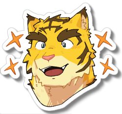  1boy animal_ears commentary_request furry furry_male horung korean_commentary male_focus morenatsu open_mouth smile sparkle tiger_boy tiger_ears tiger_stripes torahiko_oshima yellow_fur 