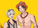  2boys arm_tattoo beads bennett_(genshin_impact) black_hair cowboy_hat crossover genshin_impact goggles goggles_on_head hat highres lemonlaichi looking_at_viewer multiple_boys one_piece open_mouth portgas_d._ace short_hair signature smile tattoo white_hair yellow_background 