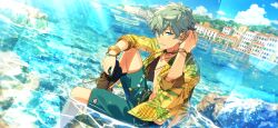  1boy adjusting_hair black_slippers blue_eyes bracelet building closed_mouth clouds ensemble_stars! eyes_visible_through_hair game_cg green_shorts grey_hair hair_between_eyes hand_up hands_up happy_elements holding_slippers jewelry knee_up looking_at_viewer multiple_bracelets multiple_necklaces necklace ocean official_art on_rock open_clothes open_shirt outdoors pineapple_print rock sena_izumi_(ensemble_stars!) shiosai_marina_(ensemble_stars!) short_hair shorts sideways_glance sitting sky slippers smile solo split_mouth third-party_source 