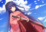 1girl absurdres blue_sky blunt_bangs blush character_request drawing_sword falling_petals fingernails highres holding holding_sword holding_weapon ichima_(pixiv_29147205) japanese_clothes kimono long_hair open_mouth petals pink_kimono red_eyes shikihime_zoushi sky solo sword twintails very_long_hair violet_eyes weapon 