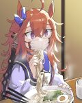  1girl ahoge ai_drawing_anime_characters_eating_ramen_(meme) animal_ears bow bowtie chopsticks commentary_request cup ear_bow egg_(food) food hair_between_eyes headgear highres horse_ears horse_girl indoors long_hair long_sleeves making-of_available mask meme messy_hair mouth_mask noodles orange_hair orfevre_(umamusume) purple_bow purple_sailor_collar purple_shirt ramen reins sailor_collar sailor_shirt school_uniform shirt sketch solo steam taisa_(h68533631) tracen_school_uniform umamusume upper_body violet_eyes white_bow white_bowtie winter_uniform you&#039;re_doing_it_wrong yunomi 