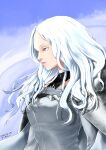  1girl absurdres alternate_hair_color armor blonde_hair blue_sky bodysuit breasts cape claymore_(series) clouds dated day from_side grey_bodysuit grey_cape highres lips long_hair long_sleeves looking_at_viewer medium_breasts outdoors parted_lips pauldrons realistic shoulder_armor signature sky solo teresa_(claymore) uniform wavy_hair white_hair yuutan_(chokorobittsu) 