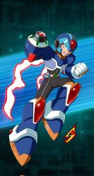  1boy android arm_cannon armor artist_logo blue_armor blue_helmet clenched_hand clenched_teeth energy_cape forehead_jewel full_body green_eyes helmet highres iridescent_clothes jewelry logo looking_at_viewer mega_man_(series) mega_man_x:_command_mission mega_man_x_(series) new_armor_x_(mega_man) one_eye_covered red_scarf robot scarf solo strike_sketch teeth weapon x_(mega_man) 