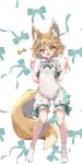  1girl animal_ears blonde_hair blush fox_ears fox_shadow_puppet fox_tail full_body green_ribbon highres kolshica ko~n kudamaki_tsukasa open_mouth ribbon romper short_hair short_sleeves smile socks solo tabi tail test_tube touhou white_romper white_socks yellow_eyes 