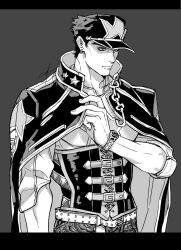  1boy adapted_costume belt chain coat coat_on_shoulders corset egg_(cknlun) hat highres jojo_no_kimyou_na_bouken kujo_jotaro long_coat male_focus snake_print solo star_(symbol) star_print stone_ocean studded_belt triangle_print watch watch 