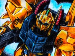  1980s_(style) aeug bazooka_(gundam) cable commentary_request crayon_(medium) gundam hyaku_shiki mecha mecha_focus mobile_suit no_humans portrait radio_antenna retro_artstyle robot roundel scan science_fiction space thrusters traditional_media upper_body user_ahyc4773 zeta_gundam zeta_gundam:_a_new_translation 