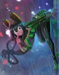  1girl :&gt; :p adam_ryu_ford asui_tsuyu backlighting belt bent_over blurry blurry_background bodysuit bokeh boku_no_hero_academia boots breasts commentary_request dark_green_hair depth_of_field feet_against_wall finger_to_face finger_to_mouth floating_hair full_body gloves goggles goggles_on_head green_bodysuit green_eyes grey_gloves hair_between_eyes hair_rings hand_on_wall hands_up impossible_bodysuit impossible_clothes light long_hair long_sleeves looking_at_viewer looking_to_the_side low-tied_long_hair medium_breasts outdoors outstretched_arm outstretched_leg partial_commentary rain reflective_wall sidelighting sidelocks signature skin_tight solo thigh_boots tongue tongue_out turning_head 