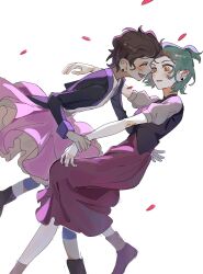 2girls amity_blight blush brown_hair cherry_blossoms commentary couple dark-skinned_female dark_skin dress green_eyes haiy_yan3439 highres holding_another's_wrist luz_noceda multiple_girls petals pink_skirt pointy_ears skirt the_owl_house yuri 