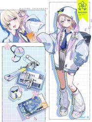  1girl :/ absurdres alternate_costume bandaid bandaid_on_knee bandaid_on_leg banpen_(todoroki_hajime) blush brown_hair character_name closed_mouth clothes_pin collared_shirt commentary_request diagonal-striped_clothes diagonal-striped_necktie double_vertical_stripe dress_shirt drink_carton falling_petals fang full_body grey_skirt hair_bobbles hair_ornament hand_in_pocket heart highres holding holding_juice_box hololive hololive_dev_is hood hood_up id_card jacket juice_box leg_warmers letterman_jacket long_sleeves looking_at_viewer marimo_ke multicolored_hair multiple_views necktie one_side_up open_clothes open_jacket open_mouth petals puffy_long_sleeves puffy_sleeves purple_hair romaji_text school_uniform shirt shoes short_hair skirt sleeves_past_fingers sleeves_past_wrists smile sneakers standing starry_night_(van_gogh) striped_clothes suspender_skirt suspenders ticket todoroki_hajime violet_eyes virtual_youtuber white_jacket white_leg_warmers white_shirt white_shoes 