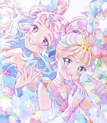  2girls blonde_hair blue_eyes blue_hair blue_neckerchief brooch choker commentary cosmetics cure_la_mer cure_summer detached_collar dutch_angle earrings elbow_gloves eyelash_ornament fingerless_gloves flower glove_ribbon gloves gradient_hair green_eyes green_ribbon grin hair_flower hair_ornament hair_pulled_back hair_ribbon hibiscus highres holding holding_lipstick_tube jewelry laura_la_mer lilylily0601 lipstick_tube long_hair long_sleeves magical_girl multicolored_eyes multicolored_hair multiple_girls natsuumi_manatsu neckerchief off-shoulder_shirt off_shoulder pearl_hair_ornament pink_eyes pink_hair pink_ribbon pink_sailor_collar pointing pointing_at_self precure ribbon sailor_collar shell_brooch shirt side-by-side side_ponytail sleeveless sleeveless_shirt smile sphere_hair_ornament star_(symbol) traditional_media triangle_earrings tropical-rouge!_precure white_background white_choker white_gloves white_ribbon white_shirt 