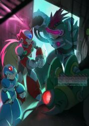  3boys armor blonde_hair blue_armor blue_eyes blue_helmet character_request chest_jewel forehead_jewel green_eyes group_picture helmet long_hair male_focus mega_man_(series) mega_man_x_(series) multiple_boys red_armor red_helmet to_i_to_io watermark x_(mega_man) zero_(mega_man) 