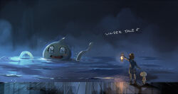 2017 2d 3others ambiguous_gender anthro black_socks blue_shirt blush_stickers boots bridge brown_boots brown_hair brown_shorts child colored_skin copyright_name creature dark digital_media double_horizontal_stripe english_text frisk_(undertale) holding holding_lantern horizontal-striped_clothes human kyouichi lantern lizard lizard_tail long_sleeves monster monster_kid_(undertale) multiple_others onionsan other_focus outdoors partially_submerged pink_stripes reptile reptile_tail scalie shirt short_hair shorts socks standing striped_clothes striped_shirt tentacles text two-tone_shirt undertale utdr_(toby_fox) water yellow_shirt yellow_skin yellow_stripes
