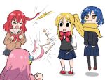  &gt;_&lt; 4girls :d afterimage ahoge blonde_hair blue_hair bocchi_the_rock! chibi drumsticks empty_eyes fighting gotou_hitori holding holding_drumsticks ijichi_nijika kita_ikuyo long_hair medium_hair mouth_hold multiple_girls pink_hair prehensile_hair redhead school_uniform shimokitazawa_high_school_uniform short_hair shuka_high_school_uniform smile solid_oval_eyes stalk_in_mouth tenten_(chan4545) yamada_ryou yellow_eyes 