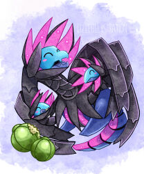  ^_^ absurdres artist_name berry_(pokemon) blush blush_stickers closed_eyes closed_mouth colored_tongue commentary english_commentary fangs food food_bite fruit full_body highres iron_jugulis lizleeillustration lum_berry multiple_heads no_humans non-humanoid_robot open_mouth pokemon pokemon_(creature) pokemon_focus purple_tongue robot robot_dragon skin_fangs solo tongue tongue_out 
