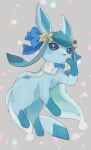  blue_bow bow clothed_pokemon glaceon highres no_humans nullma open_mouth pokemon pokemon_(creature) pokemon_(game) signature simple_background solo watermark 