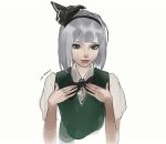  1girl black_bow black_bowtie blunt_bangs bob_cut bow bowtie cropped_torso green_eyes green_vest grey_hair hair_ribbon hairband hands_up konpaku_youmu light_smile looking_at_viewer medium_hair nostrils realistic ribbon sidongziban simple_background solo touhou upper_body vest white_background wing_collar 