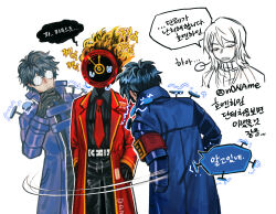  1boy 1girl 1other afterimage analog_clock belt black_gloves black_pants black_shirt blue_coat blue_hair blue_necktie clock closed_eyes coat collared_coat collared_shirt commentary_request dante_(limbus_company) electricity facing_ahead faust_(project_moon) fire glasses gloves hand_on_own_chin hand_up hands_in_pockets highres hohenheim_(project_moon) korean_commentary korean_text limbus_company long_sleeves looking_at_another motion_lines multiple_views n0name nail_(hardware) necktie nervous_sweating object_head opaque_glasses pants project_moon red_coat red_necktie round_eyewear shirt short_hair sigh speech_bubble standing staring stroking_own_chin sweat translation_request twitter_username white_belt 