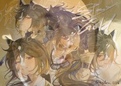  1girl animal_ears asymmetrical_shirt black_gloves black_hair breasts brown_eyes brown_hair character_name coat collarbone commentary_request creature_and_personification ear_covers gloves goggles goggles_around_neck hair_between_eyes highres horse horse_ears horse_girl long_hair multicolored_hair multiple_views negitoro_0326 parted_lips personification real_life revision running shirt small_breasts smile stay_gold_(racehorse) stay_gold_(sunlit_outsider)_(umamusume) stay_gold_(umamusume) sweat umamusume white_hair white_shirt wrist_belt yellow_coat 