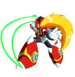  1boy android armor artist_logo blonde_hair blue_eyes chest_jewel energy_sword forehead_jewel gloves helmet highres holding holding_weapon logo long_hair mega_man_(series) mega_man_x_(series) open_mouth ponytail red_armor red_helmet robot robot_ears screaming shoulder_armor simple_background solo standing standing_on_one_leg strike_sketch sword teeth very_long_hair weapon white_background white_gloves z_saber zero_(mega_man) 