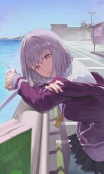  1girl absurdres against_railing arm_rest black_skirt closed_mouth commentary drink_carton grey_pantyhose gridman_universe highres holding holding_juice_box hood hood_down hooded_jacket jacket juice_box leaning_forward long_sleeves looking_at_viewer medium_hair off_shoulder outdoors pantyhose pleated_skirt purple_hair purple_jacket railing red_eyes redtype shinjou_akane skirt sky smile solo ssss.gridman 