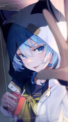  1girl absurdres akaike animal_hood apple_juice black_sailor_collar black_shirt blue_eyes blue_hair cat_hood commentary_request drink_carton highres holding holding_juice_box hololive hood hoodie hoshimachi_suisei hoshimachi_suisei_(sailor) juice juice_box looking_at_viewer official_alternate_costume open_mouth sailor_collar shirt smile solo star_(symbol) star_in_eye symbol_in_eye virtual_youtuber white_hoodie 