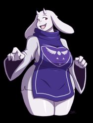  1girl 2016 2d animal_ears anthro artist_name black_background blazbaros body_fur breasts cropped_legs delta_rune_(symbol) delta_rune_print digital_media droopy_ears fangs female female_only floppy_ears furry furry_female goat goat_ears goat_girl goat_horns horns large_breasts long_sleeves mammal monster monster_girl open_mouth outstretched_arms purple_robe purple_tabard red_eyes robe simple_background skin_fangs solo tabard thighs toriel undertale utdr_(toby_fox) white_fur white_horns white_sleeves 