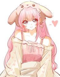  1girl absurdres animal_ear_headwear animal_ears animal_hat artist_request bare_shoulders blush bow bowtie brown_eyes brown_hat brown_ribbon chinese_commentary closed_mouth collar commentary_request commission cowboy_shot detached_sleeves dot_nose dress eyelashes fake_animal_ears frilled_nightgown frilled_sleeves frills fur-trimmed_sleeves fur_hat fur_trim happy hat hat_ribbon heart heart_print highres long_hair long_sleeves looking_at_viewer lop_rabbit_ears nightgown nikki_(nikki) nikki_(series) pink_bow pink_bowtie pink_hair pink_nightgown print_sleeves puffy_long_sleeves puffy_sleeves rabbit_ears rabbit_hat ribbon second-party_source simple_background single_sidelock sitting sleeveless sleeveless_dress smile spoken_heart straight-on under_covers very_long_hair wavy_hair white_background yellow_sleeves 