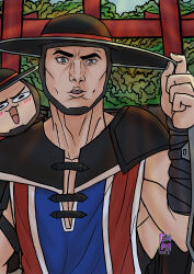 1boy 2021 absurdres armor black_hat bush chinstrap grey_eyes hat hat_tip highres kung_lao male_focus mortal_kombat mortal_kombat_(series) mortal_kombat_11 open_mouth outdoors shaolin_monk shima0021 shoulder_armor thick_eyebrows torii wrist_guards