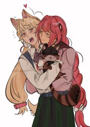  2girls alice_thymefield animal animal_ears blonde_hair blush braid braided_twintails cardigan chest_bow closed_eyes closed_mouth commentary english_commentary green_skirt hair_ornament hearing_aid heart heterochromia highres holding holding_animal kamanosuke_(zenless_zone_zero) long_hair low_twintails multiple_girls myata_(dreamycke) open_mouth pink_cardigan rabbit_ears rabbit_girl rabbit_tail raccoon red_eyes red_hair shirt simple_background skirt sphere_hair_ornament tail tanuki twintails ukinami_yuzuha white_background white_shirt yellow_eyes yuri zenless_zone_zero 