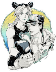  1boy 1girl braid butterfly_tattoo chain double_bun egg_(cknlun) father_and_child father_and_daughter hair_bun hat highres holding_hands jojo_no_kimyou_na_bouken kujo_jolyne kujo_jotaro limited_palette long_coat midriff multicolored_hair parent_and_child scar scar_on_cheek scar_on_face spider_web_print stone_free stone_ocean string tattoo two-tone_hair wince wristband 