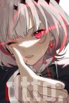 1girl aiming_at_viewer dtto. earrings finger_gun hievasp highres jewelry looking_at_viewer multicolored_hair pale_skin red_eyes redhead ribbon scarz short_hair simple_background skull_ornament solo utaite_(singer) virtual_youtuber white_hair 