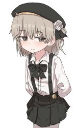  1girl arms_behind_back beret black_bow black_hat black_skirt blush bow brown_eyes brown_hair closed_mouth collared_shirt commentary_request dress_shirt flower hat hatoba_tsugu highres lakilolom long_hair pantyhose pleated_skirt rose shirt simple_background skirt smile solo suspender_skirt suspenders tsugu_(vtuber) virtual_youtuber white_background white_flower white_pantyhose white_rose white_shirt 