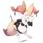  1girl absurdres animal_ear_fluff animal_ears animal_hands animal_nose apron black_dress black_fur black_ribbon blush body_fur braixen clothed_pokemon commentary_request detached_collar dress flat_chest fox_ears fox_girl fox_tail frilled_apron frills full_body hair_ribbon hand_on_own_hip hand_up happy highres juliet_sleeves leg_up long_sleeves looking_at_viewer maid multicolored_fur neck_fur neck_ribbon one_eye_closed open_mouth partial_commentary pokemon pokemon_(creature) puffy_sleeves red_eyes ribbon short_dress simple_background smile snout solo standing standing_on_one_leg tail thigh-highs waist_apron white_apron white_background white_fur white_thighhighs yellow_fur youjo_modoki 