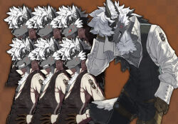 1boy animal_ears black_pants black_vest blousquidly brown_gloves closed_mouth cross_scar fangs fire_emblem fire_emblem_fates furrification furry furry_male gloves highres keaton_(fire_emblem) looking_at_viewer male_focus multiple_views muscular muscular_male pants pectorals profile scar scar_on_cheek scar_on_face shirt smile tail third-party_source tongue tongue_out vest white_hair white_shirt wolf_boy wolf_ears wolf_tail