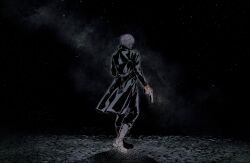  1boy black_coat black_pants coat command_spell commentary_request daybit_sem_void facing_ahead fate/grand_order fate_(series) from_behind full_body gun highres holding holding_gun holding_weapon long_sleeves pants short_hair sky solo space star_(sky) starry_sky thunderkalel trench_coat weapon wide_shot 