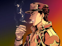  1boy blowing_smoke chain cigarette commentary_request egg_(cknlun) gradient_background hat high_collar holding holding_cigarette jojo_no_kimyou_na_bouken kujo_jotaro male_focus portrait profile smoke smoke_trail smoking solo star_(symbol) star_print stone_ocean 