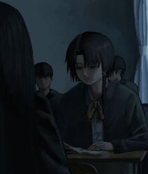  2boys 2girls asymmetrical_hair book brown_eyes brown_hair classroom desk hair_ornament highres iwakura_lain long_sleeves multiple_boys multiple_girls reading school_desk school_uniform serial_experiments_lain short_hair single_sidelock solo_focus virginmedium x_hair_ornament 