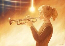  1boy artist_name black_shirt blonde_hair bloom commentary energy_beam expressionless from_side glint hair_branch highres holding holding_instrument holding_trumpet horns instrument long_sleeves lucas_(bugle_call) outdoors padded_vest ponytail shirt sidelocks_tied_back single_horn solo standing sunset thatsitso the_bugle_call:_song_of_war trumpet upper_body 