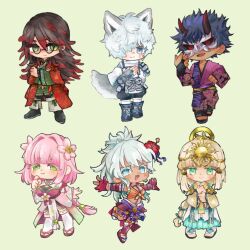  3boys 3girls armor blonde_hair blue_eyes brown_hair commentary_request dark-skinned_female dark_skin floral_print_shirt flower fubuki_(rune_factory) gradient_hair green_eyes hair_flower hair_ornament hair_tubes head_chain hibiscus highres japanese_armor japanese_clothes jewelry kai_(rune_factory) kanata_(rune_factory) kimono kurama_(rune_factory) looking_at_viewer matsuri_(rune_factory) metal_hair_tubes multicolored_hair multiple_boys multiple_girls ponytail red_hair rune_factory rune_factory:_guardians_of_azuma sigma_ka sun_hair_ornament ulalaka 