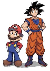  2boys black_eyes black_hair blue_boots blue_overalls blue_sash blue_shirt boots brown_hair brown_shoes buttons closed_mouth commentary crossover dougi dragon_ball dragon_ball_z english_commentary facial_hair full_body gloves hands_on_own_hips hat highres large_nose long_sleeves looking_at_another looking_to_the_side male_focus mari_luijiroh mario multiple_boys muscular muscular_male mustache orange_pants orange_shirt overalls pants pants_tucked_in red_hat red_shirt sash shirt shoes short_hair short_male short_sleeves side-by-side simple_background smile son_goku spiky_hair standing super_mario_bros. waist_sash white_background white_gloves wristband 