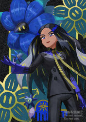  1girl black_hair black_jacket black_pants black_suit blonde_hair blue_gloves commentary_request evolutionary_line geeta_(pokemon) glimmet glimmora gloves jacket long_hair long_sleeves multicolored_hair neck_ribbon open_mouth pants pokemon pokemon_(creature) pokemon_sv ribbon streaked_hair suit suit_jacket two-tone_hair yamanashi_taiki 