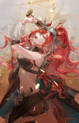  1girl absurdres animal_ears arknights arm_up arm_warmers bare_shoulders black_shirt brown_shorts closed_eyes coin commentary_request cowboy_shot crop_top crossed_bangs cup facing_up glance_neon grey_background highres holding holding_cup horse_ears horse_girl long_hair narantuya_(arknights) navel open_mouth ponytail red_hair shirt short_sword shorts sleeveless sleeveless_shirt smile solo stomach sword very_long_hair weapon white_arm_warmers 